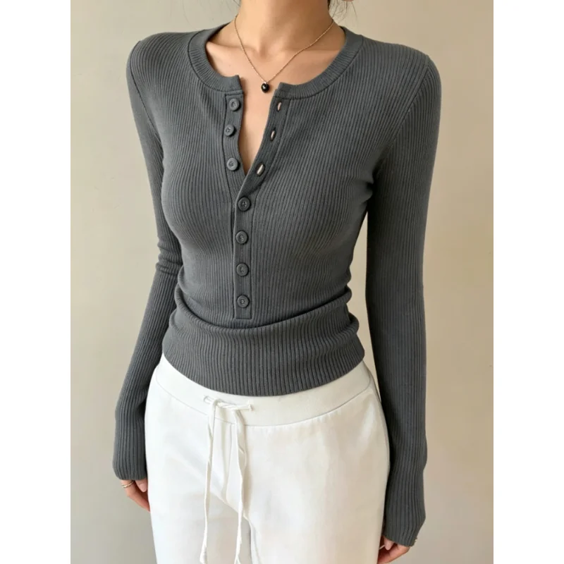 New Chic Fall Women Minimalist Henley Ribbed Long Sleeve Top Crew Neck Half Button Slim Fitted Basic Casual Tee