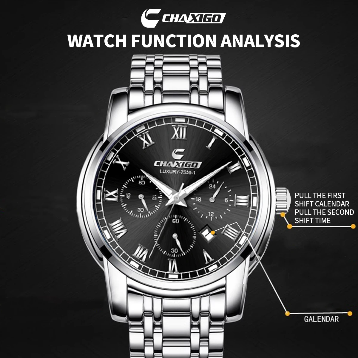 Luxury Men's Watch CHAXIGO Business Genuine Stainless Steel Waterproof Quartz Watch Fashion 40mm Large Dial Wristwatch Luminous