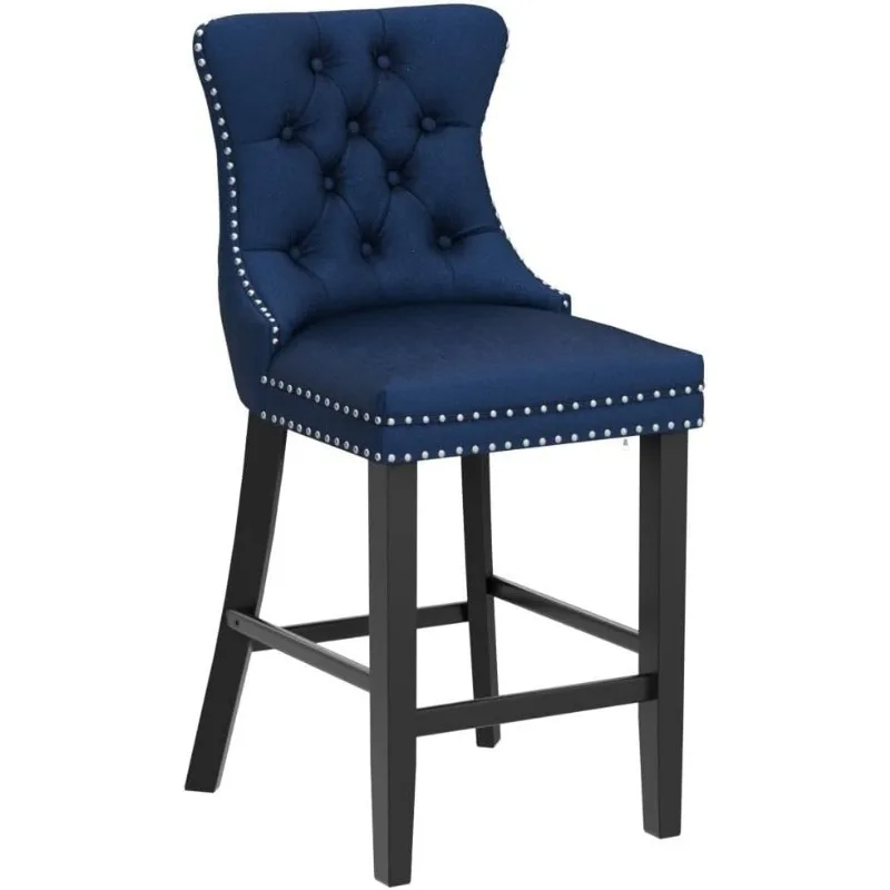 Upholstered Bar Stools Set of 4 with Wood Legs, Button Tufted,Chrome Nailhead, Counterstool Seat, Armles image 4