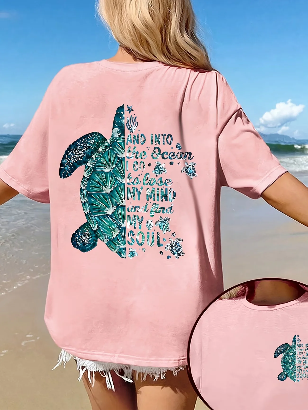 Women's Sea Turtle Graphic T-Shirt Pink Ocean Letter Print Short Sleeve Summer Casual Tee