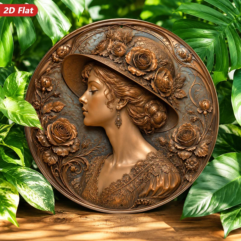CIFBUY Art Nouveau 2D Flat Round Aluminum Wall Art Elegant Rose Hat Lady Portrait Metal Sign Waterproof Durable Decor for Living