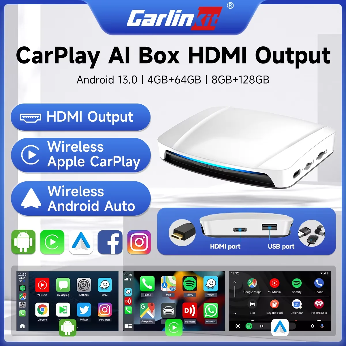 HDMI CarlinKit 8G+128G CarPlay Ai Box Android 13.0 Wireless Android Auto&CarPlay SM6225 Qualcomm 8-Core For Netflix Smart TV Box