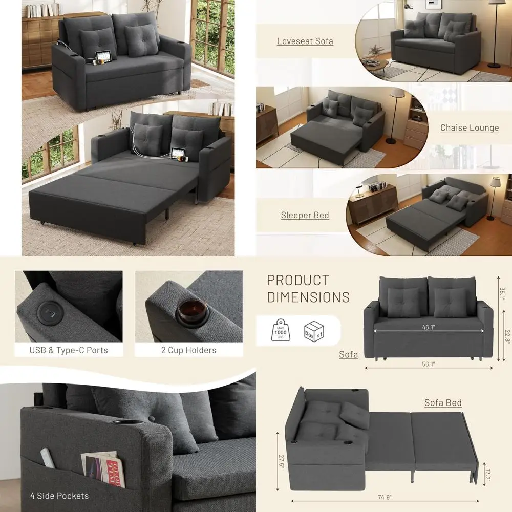 أريكة Loveseat Sleeper مع حاملات أكواب ومنفذ USB، أريكة قابلة للتحويل مقاس 56 بوصة 3 في 1 لغرفة المعيشة