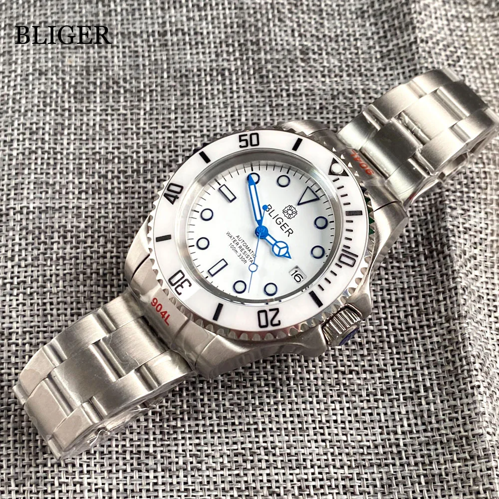 BLIGER White Dial 43mm SEA 24 Jewels NH35A Automatic Mechanical Mens Watch Brushed Steel Strap Luminous Blue Hand