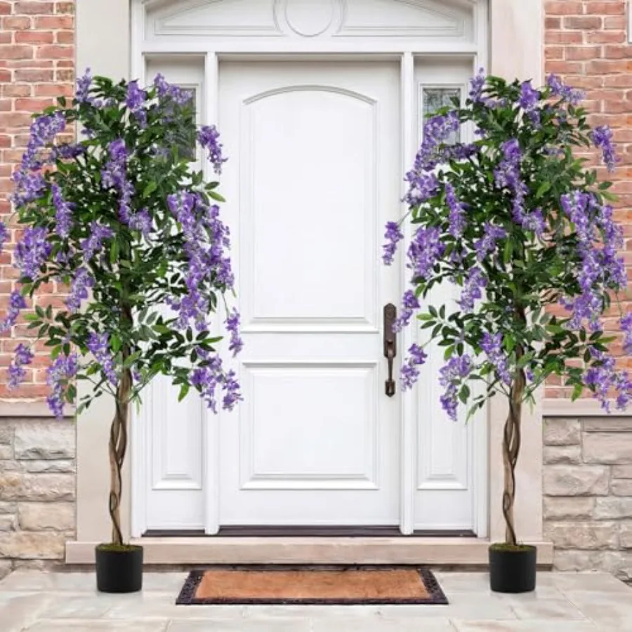 6FT Ficus Artificial Tree, 2 Pack Faux Wisteria Tree in Nursery Pot with Purple Lifelike Flowers, Fake Potted Tree Greenery Flo