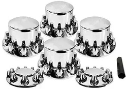 Chrome ABS 33 mm Thread-On Spiked Axle Cover Combo Kit with Removable Hub Caps and Lug Nut Covers for Semi Truck