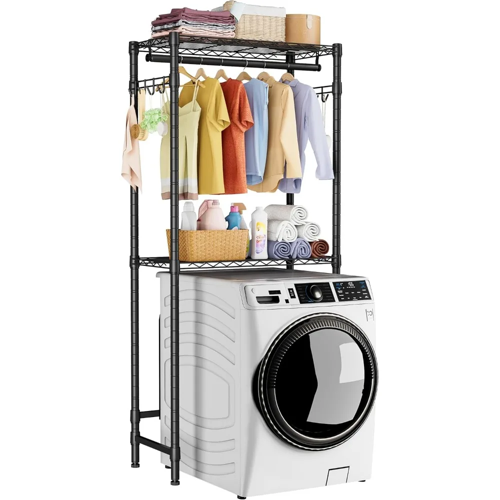 

Adjustable 2-Tier Laundry Shelving with Hanger Rod & Hooks, Space-Saving Storage for Washer/Dryer, Black