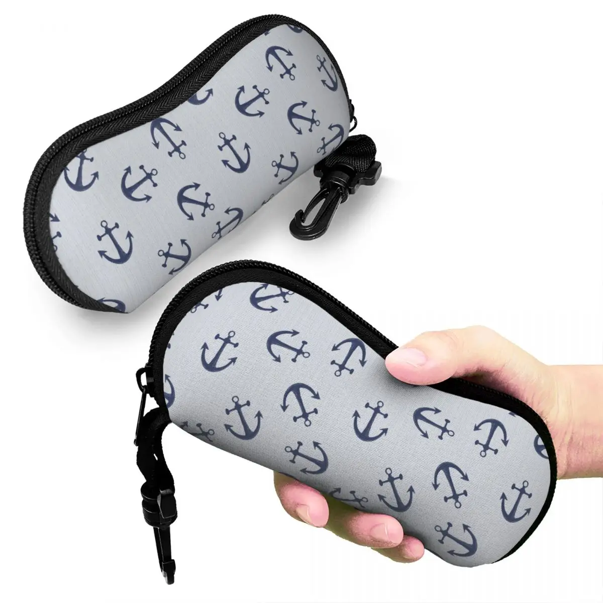 

Maritime Pattern Of Blue Anchors On Light Gray Shell Glasses Case Protective Sunglasses Box Women Men Soft Eyeglasses Bag Pouch