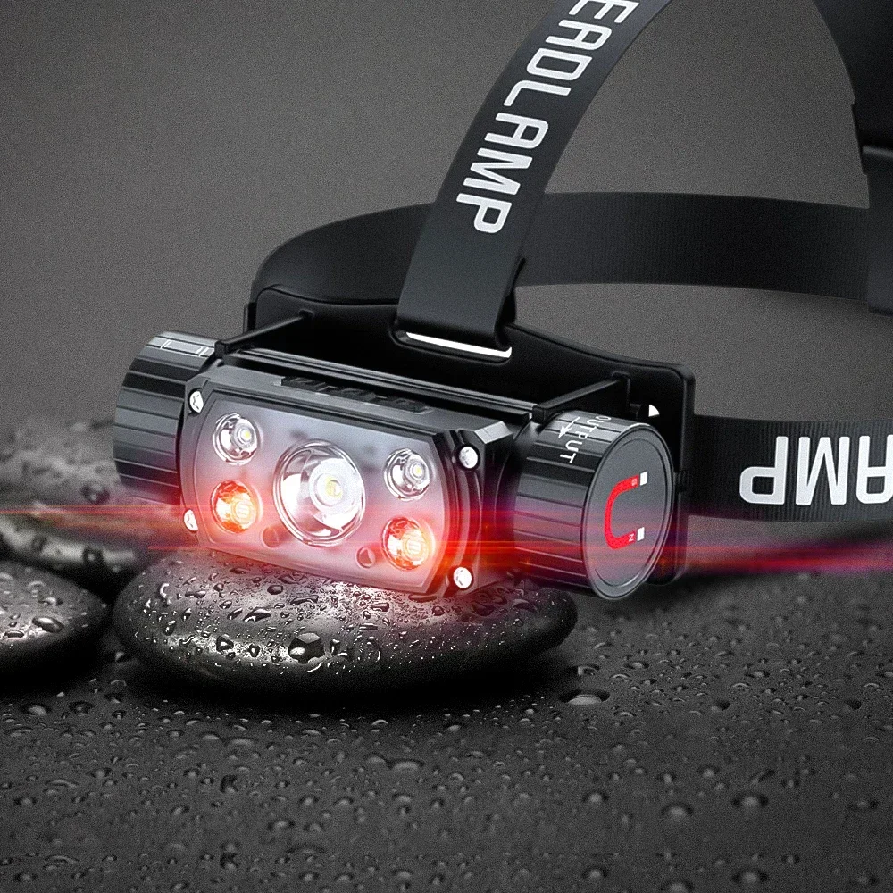 Sensor LED Headlamp white 3 Switch Headlight 18650 21700 Head Lamp Torch Flash Red Light USB Type C Power Bank Flashlight