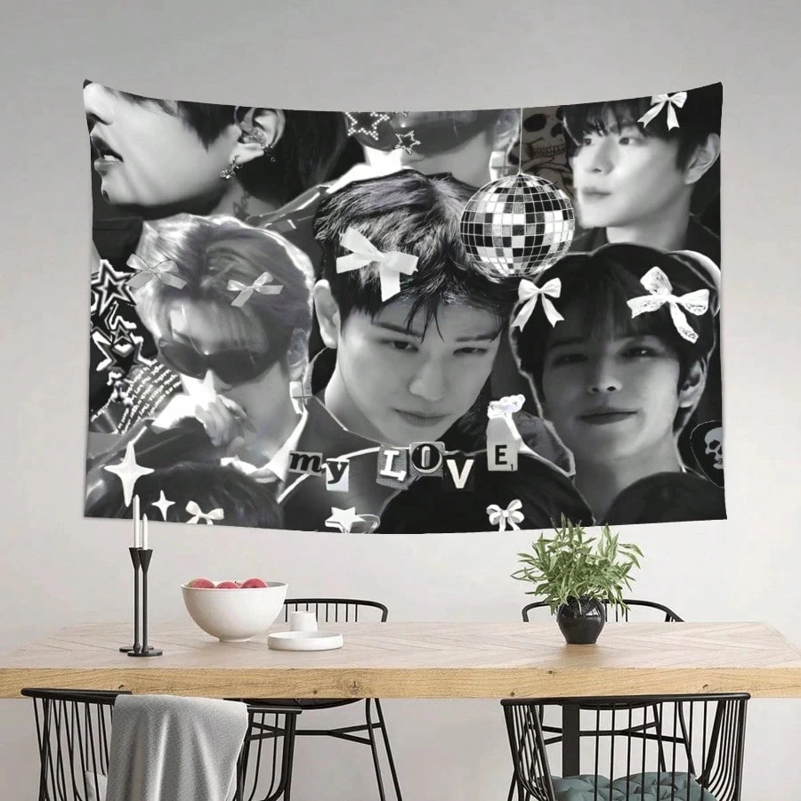 Stray Kids Kim Seungmin Minimalist Wall Hanging Tapestry Black White Kpop Art Bows Stars Soft Fabric for Bedroom Office Camping
