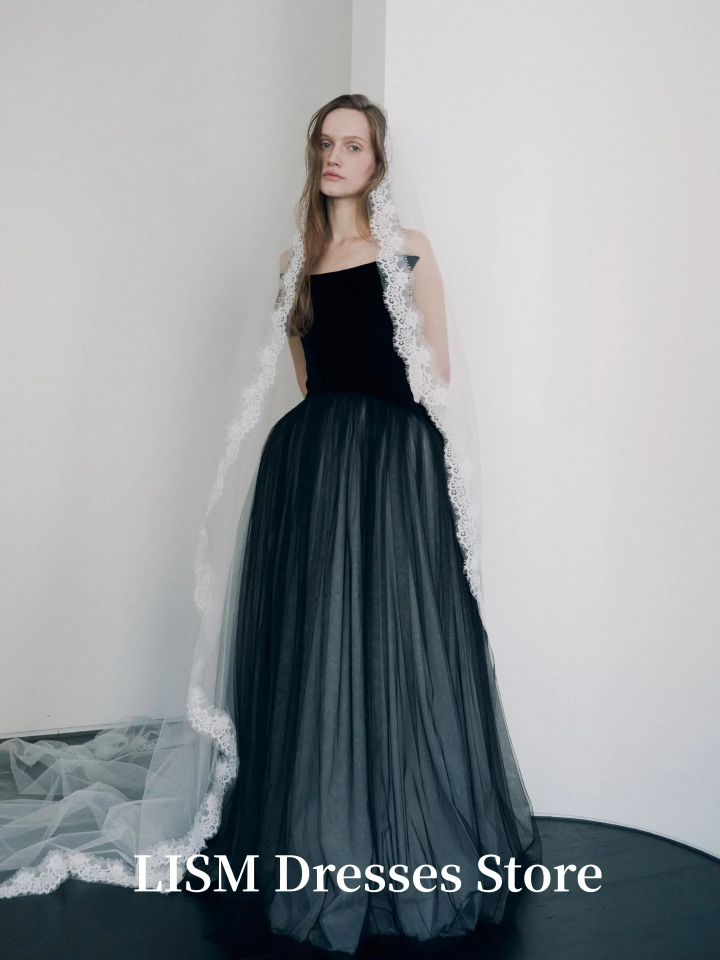 فساتين سهرة بدون حمالات من LISM على شكل حرف a من الحرير الأسود من التل أنيقة فستان حفلات خرافية مخصص لحفلات الزفاف رداء السهرة #2