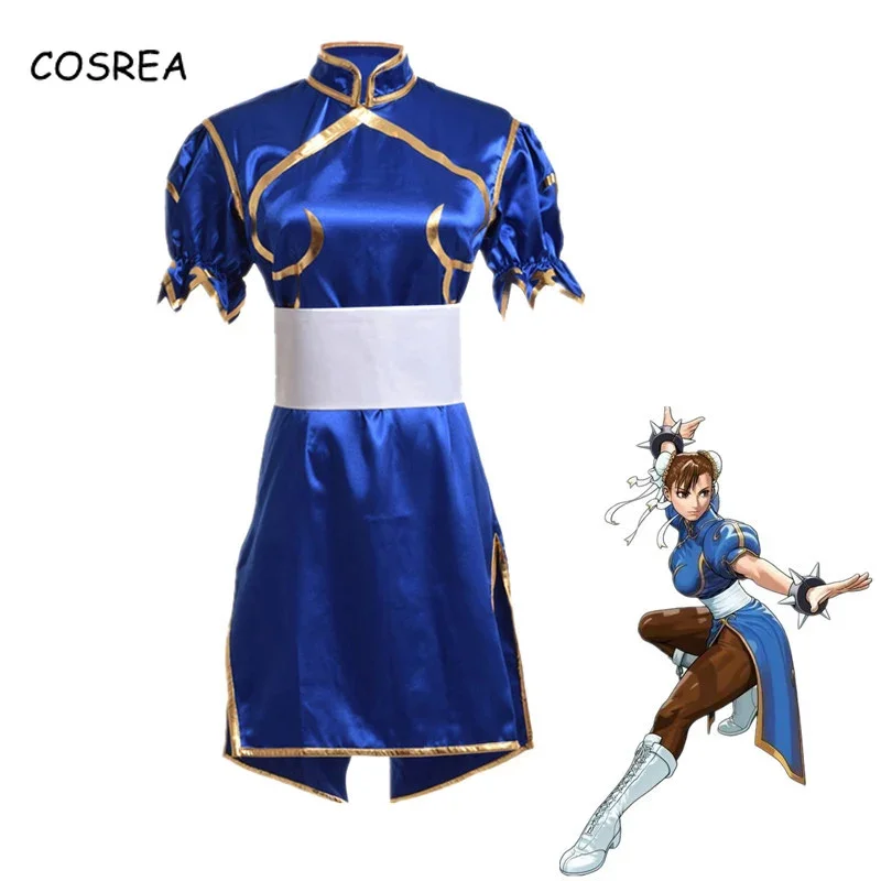 Spiele Chun Li Cosplay Kostüme Halloween Party Sutorito Faita Blau Cheongsam Kleid Gürtel Kopfbedeckung Mit Frauen Mädchen Kleidung