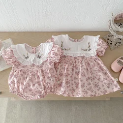 2024 New Summer Sister Clothing Baby Girl Party Dress Infant Baby Romper Short Sleeved Cotton Print Kids Princess Dresses