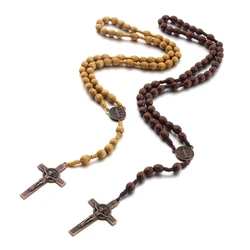 Hand-made Wooden Beads Necklaces Catholic Rosary Pendant Long Chain Christian Religious Prayer Gift Unisex Jewelry