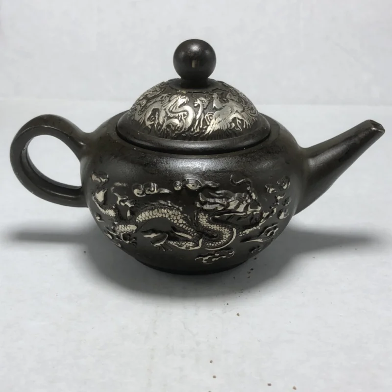 Antique Bronze Collection Antique Antique Relief Dragon and Phoenix Pattern Teapot Kettle Decoration Craft Gift Antique Miscella