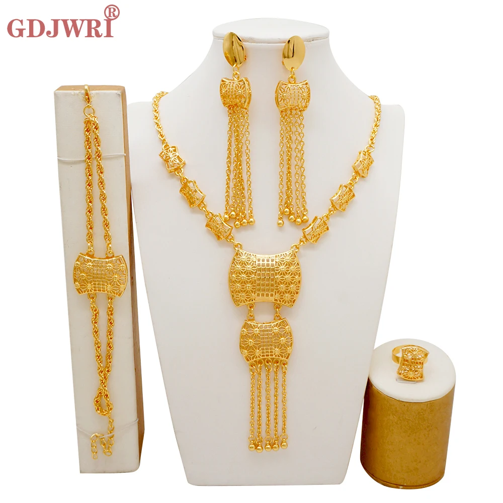 

Trendy Tassle Long Chain Necklace Earring Bracelet Ring Jewelry Set African Arab French Women Wedding Charm Jewelry Wife Gift