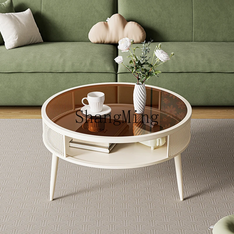 

TMJ round cream wind coffee table creative sofa living room household table small apartment creative glass round table simple