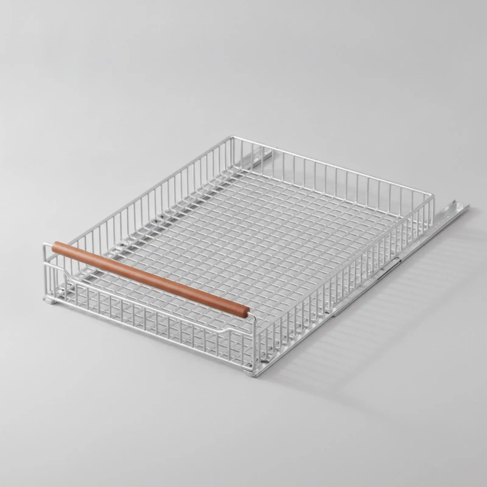 Sliding Kitchen Cabinet Basket for Pantry Storage with Wire Grid Design and Wood Handle