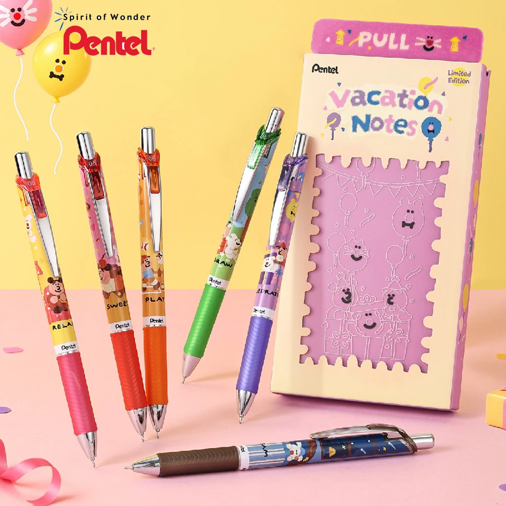 6本セット-日本製-pentel-ゲルペン-限定版-速乾性-05mm-stペン先-黒インク-かわいい-学生用-文具-学校-事務用品