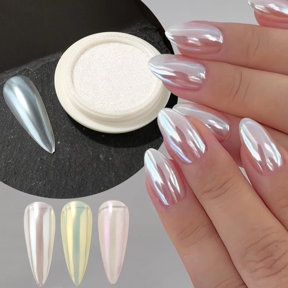 Aurora สีชมพู Chrome Nail Art Powder ไข่มุกสีขาวสีเหลือง METALLIC Mirror Glitter สําหรับเล็บฤดูใบไม้ร่วงฤดูหนาวเล็บเจลเล็บ