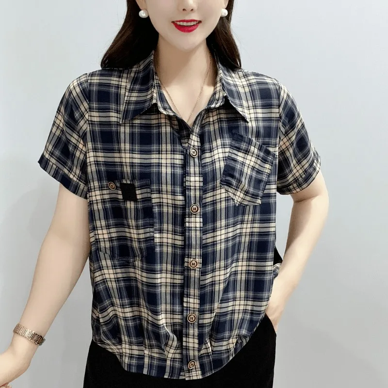 Ropa de mujer, camisa a cuadros clásica Vintage elegante de verano, blusa sencilla informal de manga corta con bolsillos de solapa, Tops holgados que combinan con todo