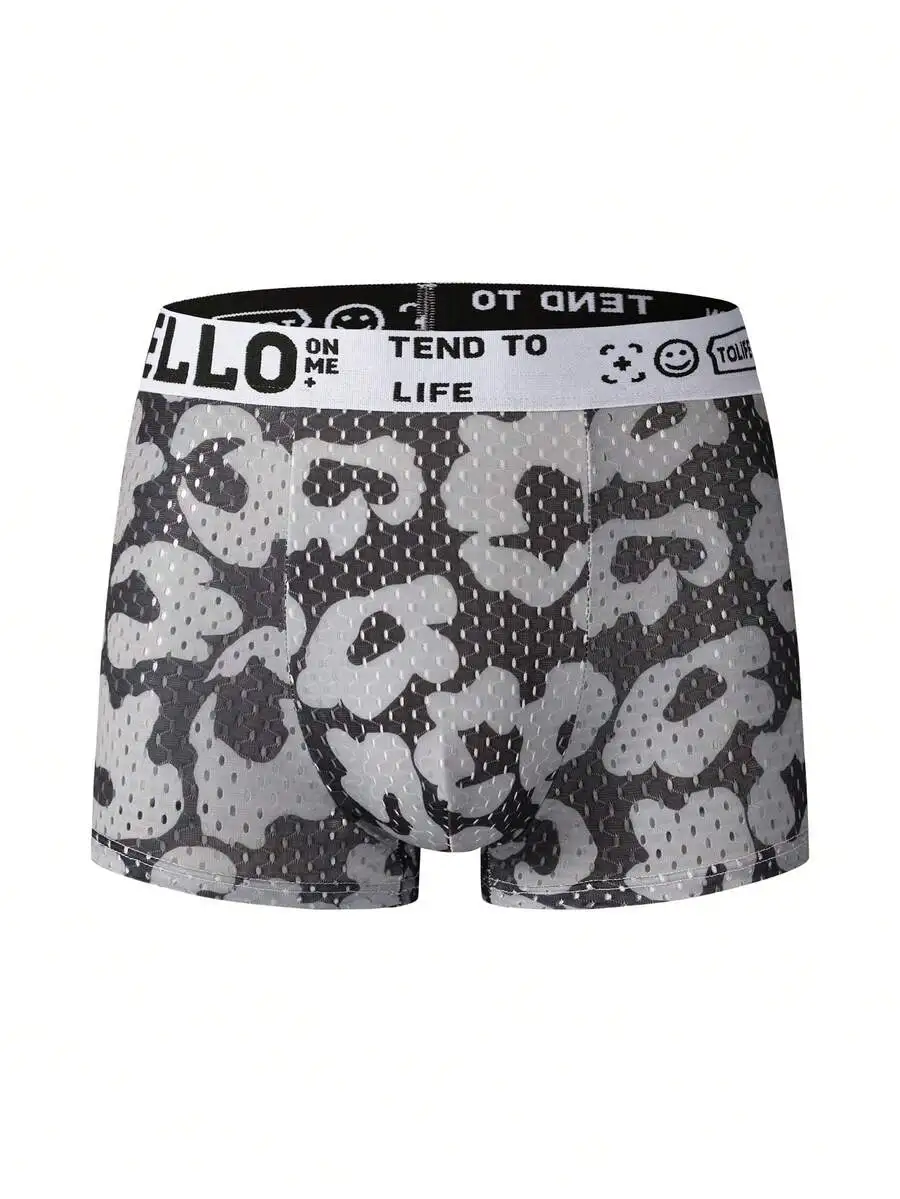 Mens Casual Leopard Print Letter Graphic Boxer Briefs