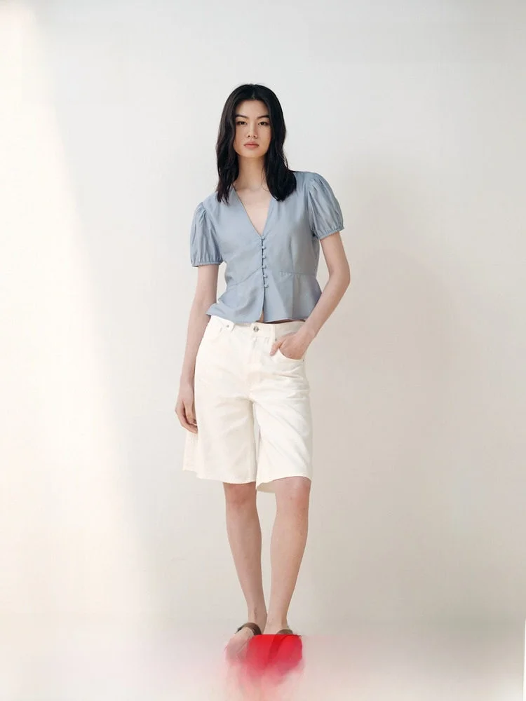 

Loose Short Sleeve Bubble Sleeve Shirt Commute Women's Fashion French Style Shirt V Neck Thin Polyester Rayon Blend Summer