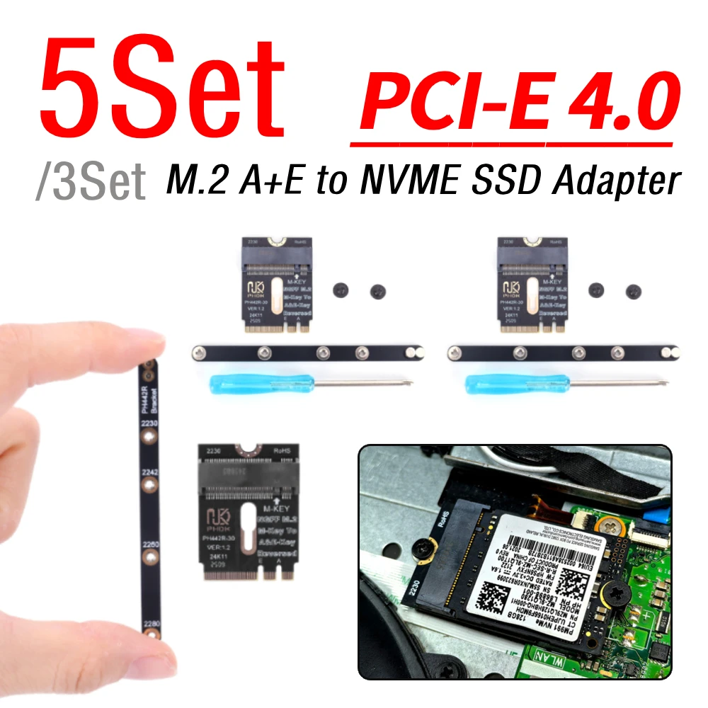 3/5Set M.2 A+E To NVME SSD Adapter A/E Key To M Key PCIE 4.0 Riser Card NGFF A+E-Key Male To NVME M-key Female Extension
