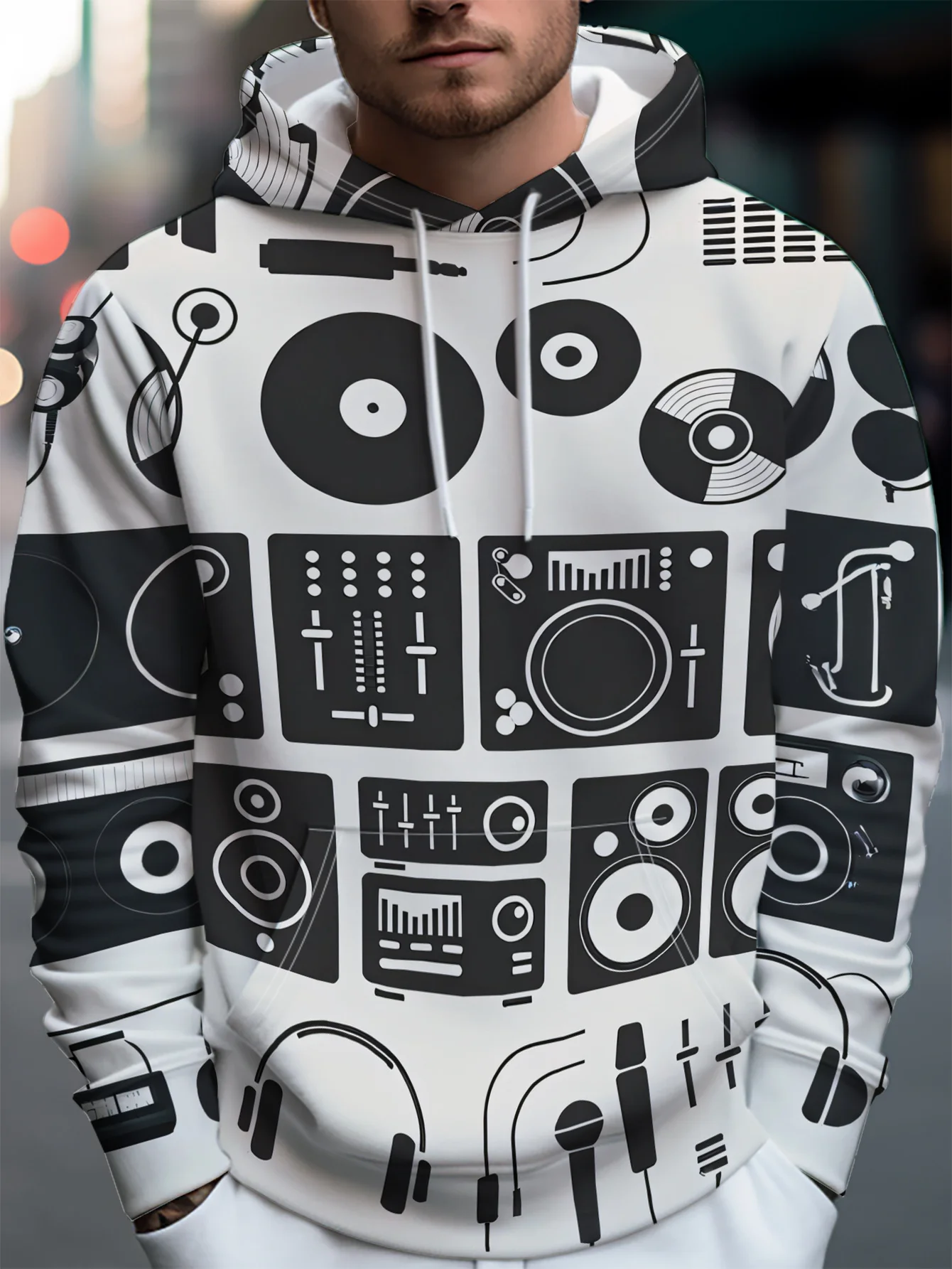 Men's Hoodie Thin Music DJ Turntable Print Drawstring Long Sleeve Spring Autumn Casual Pullover Mens Clothing
