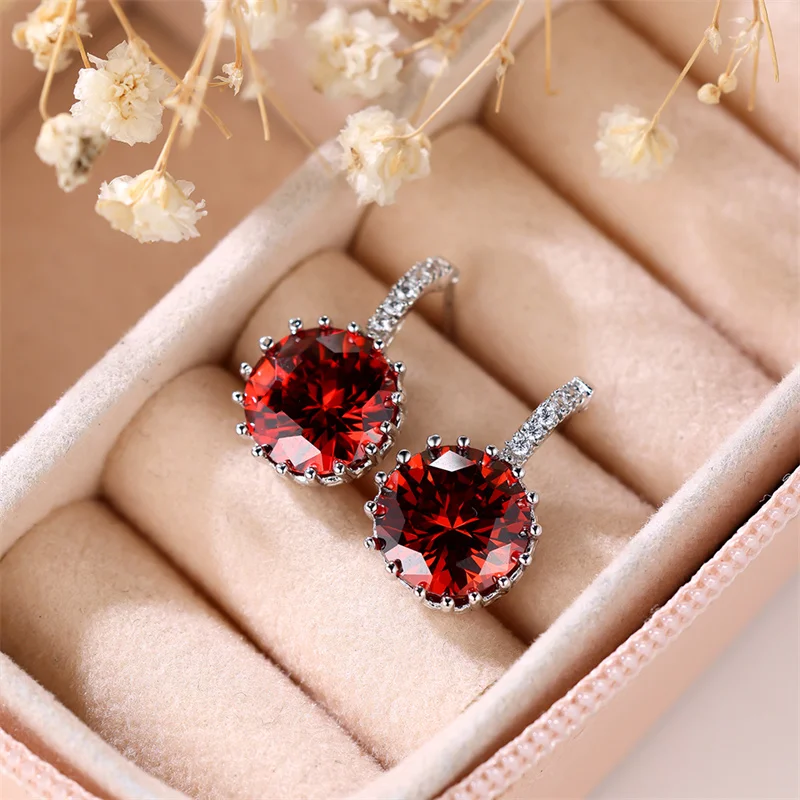 Luxury Female White Red Round Stone Earrings Charm Vintage Silver Color Wedding Earrings Boho Stud Earrings For Women