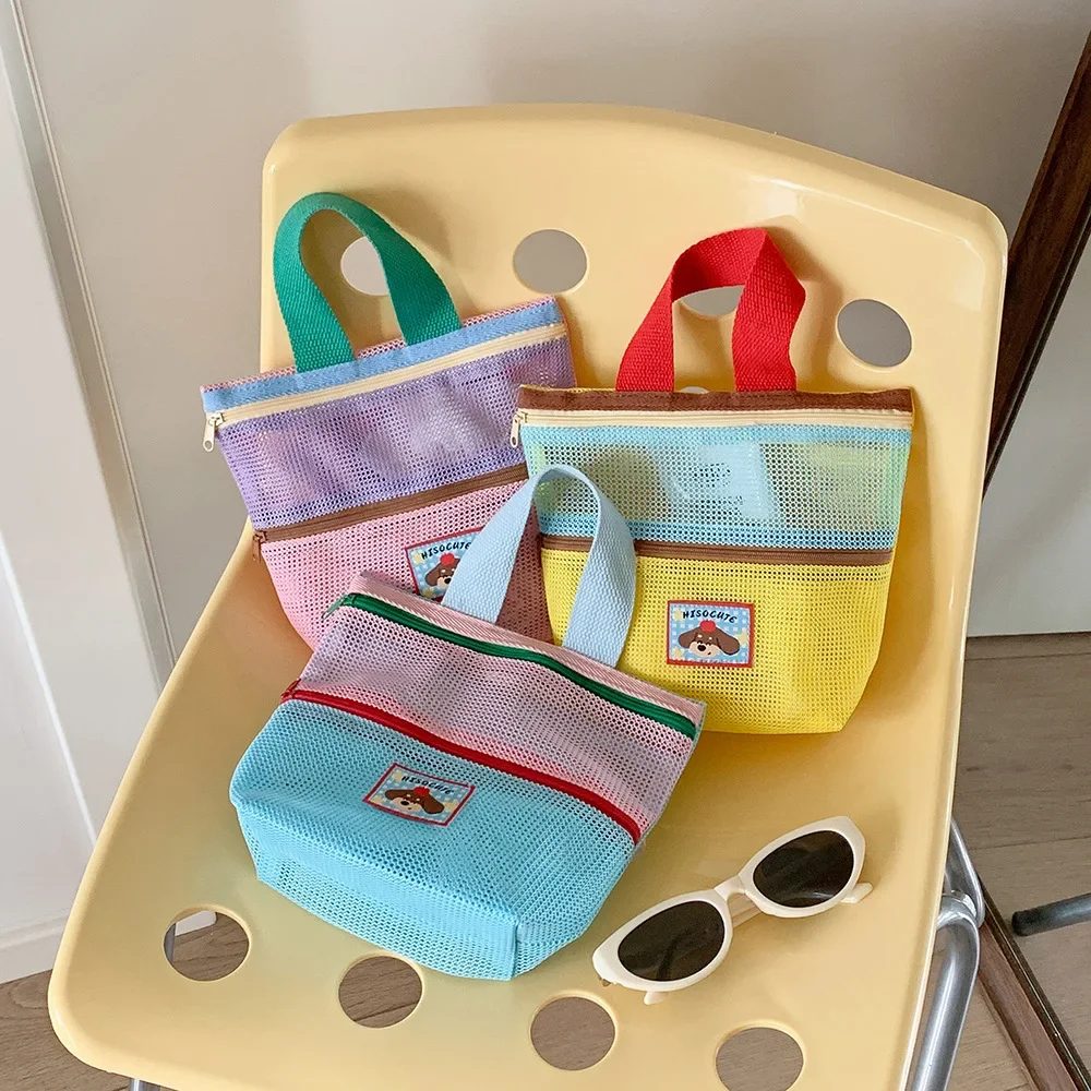 Damen-Kosmetiktasche aus Mesh mit Farbblock-Design, Tragegriff und süßem Applikationsmotiv, kleine Kosmetiktasche für die Aufbewahrung von Reiseutensilien im Alltag – Detail 12