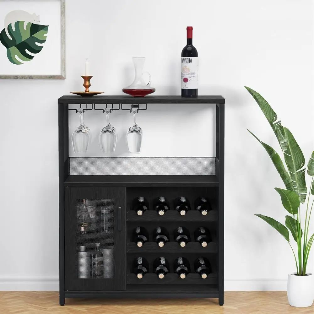 

36 Tall Multi-Function Bar Cabinet with Adjustable Shelves, Wine Rack, and Mesh Door