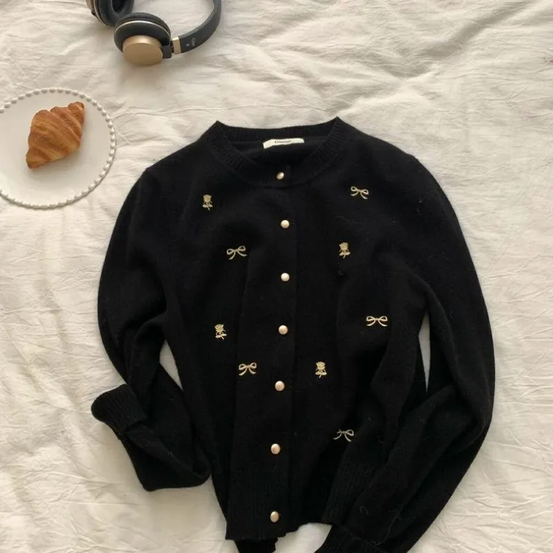 Cardigan de malha de outono com laço bordado coreano para mulheres jaqueta suéter solta