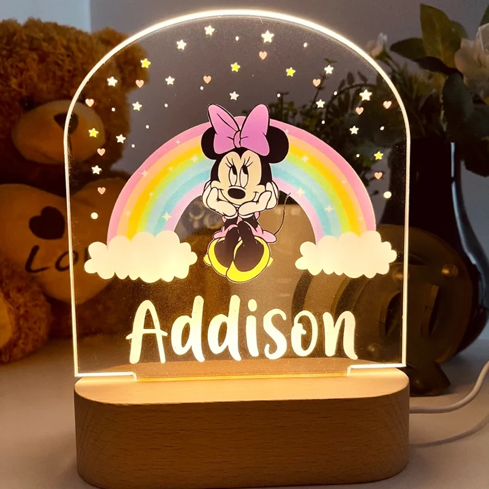 Personalised MINNIE MOUSE Acrylic Plaque With Night Light Base Kids Baby Birthdays Decor Good Night Bedside Christmas Present