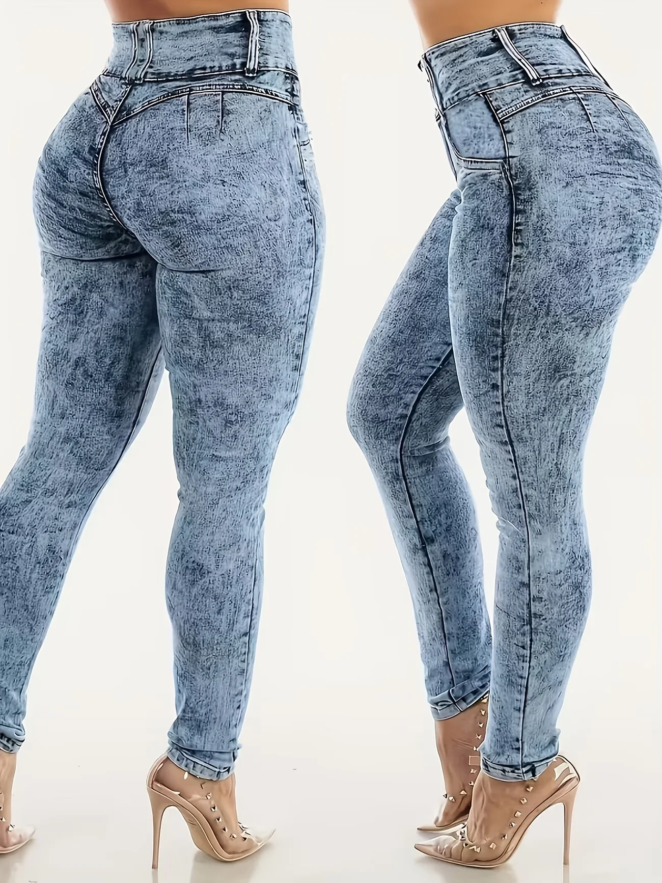 Women Printed Leggings Not Denim Fabric, Fake Pocket & Button Print Design Pants, High Elastic Fashion Slim Fit Skinny Casual