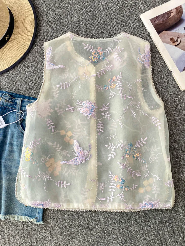 

New Chinese Sle Retro Embroidered Svel round Ne Vest Women's Sweet Youthful Versatile Top Commute Floral Pattern