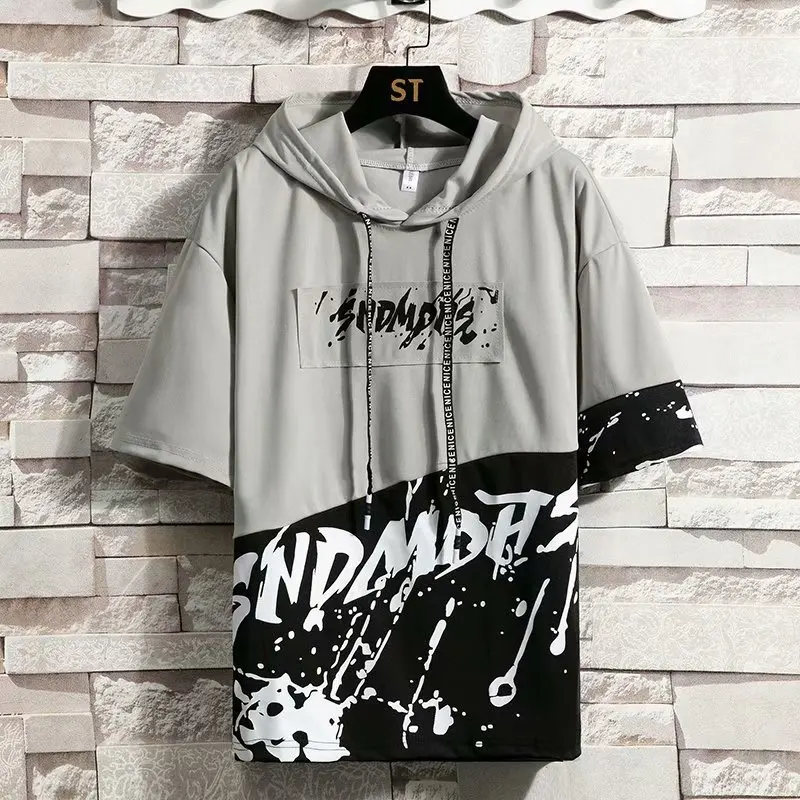 Korean Version Of The Trendy Top T-Shirt Men's Hooded Splash Ink Printing T-Shirt Youth Summer Thin Daily Casual Short-Sleeved