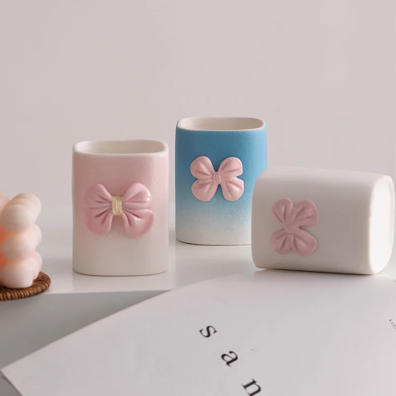 3D Bow Knot Gradient Matte Ceramic Candle Holder, Aroma Tealight Cup Kawaii B&B Romantic Tabletop Photography Decor Ornament