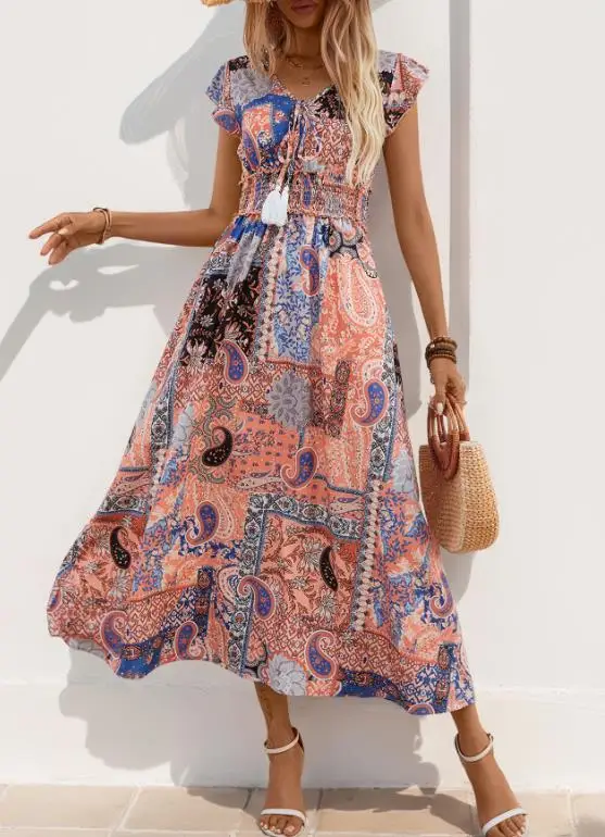 

Women Dresses 2026 New Spring Summer Fashion Paisley Flower Printed V-Neck Short Sleeve High Waist Casual Mid Length Dress