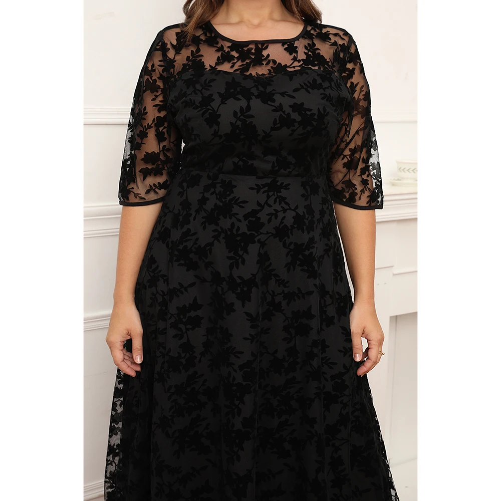 Plus Size Women\'s Casual Black Lace Flocked Mesh Velvet Double Layer Tunic Half Sleeve Maxi Dress