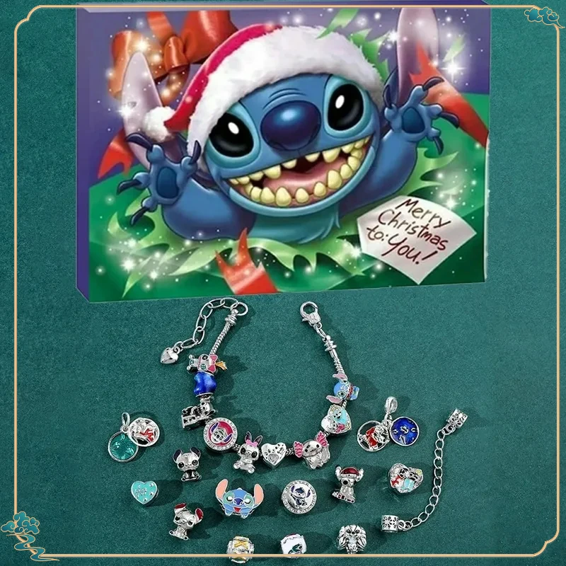 

Рождественский браслет Stitch для девочек, подарочный набор из бисера Disney Lilo & Stitch, 24-дневный рождественский адвент-календарь, одна коробка из 2 браслетов