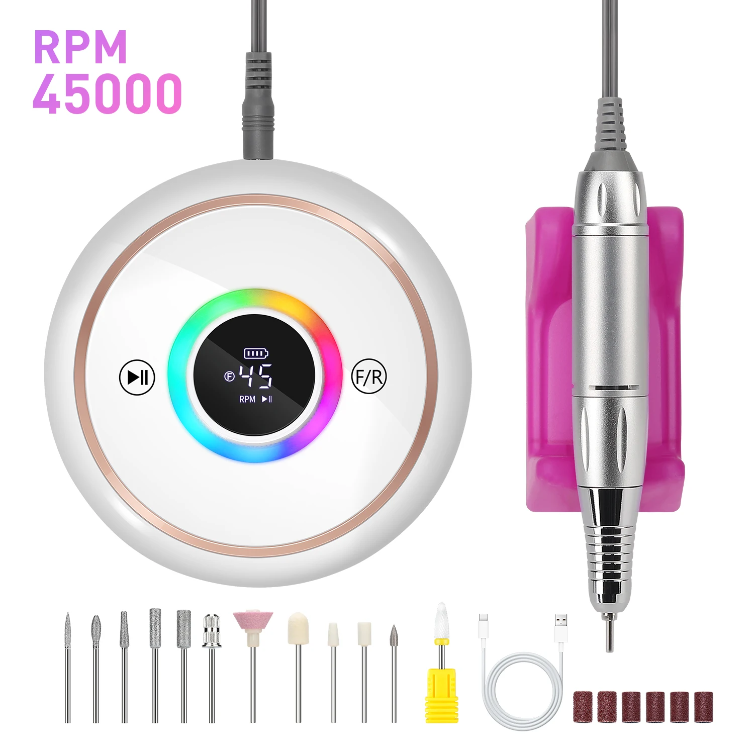 

45000RPM Rechargeable Nail Drill Machine Professional With 8-Color Dazzling Light Nail Drill Machine For Nails Salon Equipment