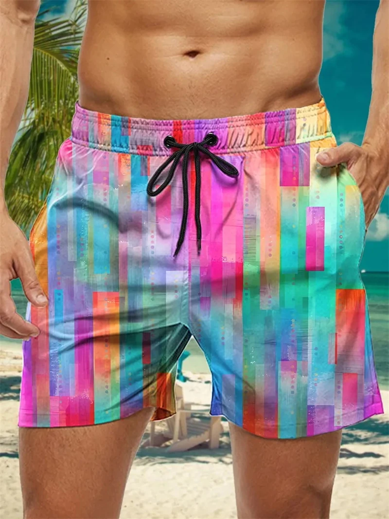

Rainbow Colored Pattern 3D Printed Mens Swimming Trunks Quick Dry Beach Board Shorts Swimwear Suits Summer Vacation Shorts New