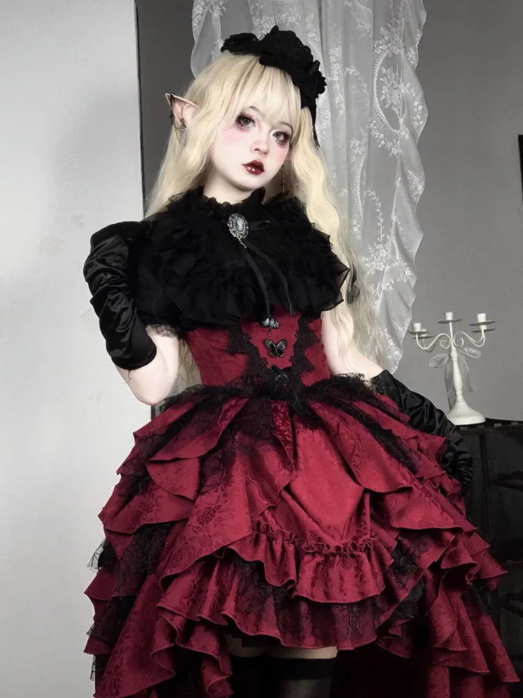 2024 Dark Gothic Lolita Black Shirt Red Pull up Top Shirt Skirt Set Lolita Asymmetric half skirt two-piece set