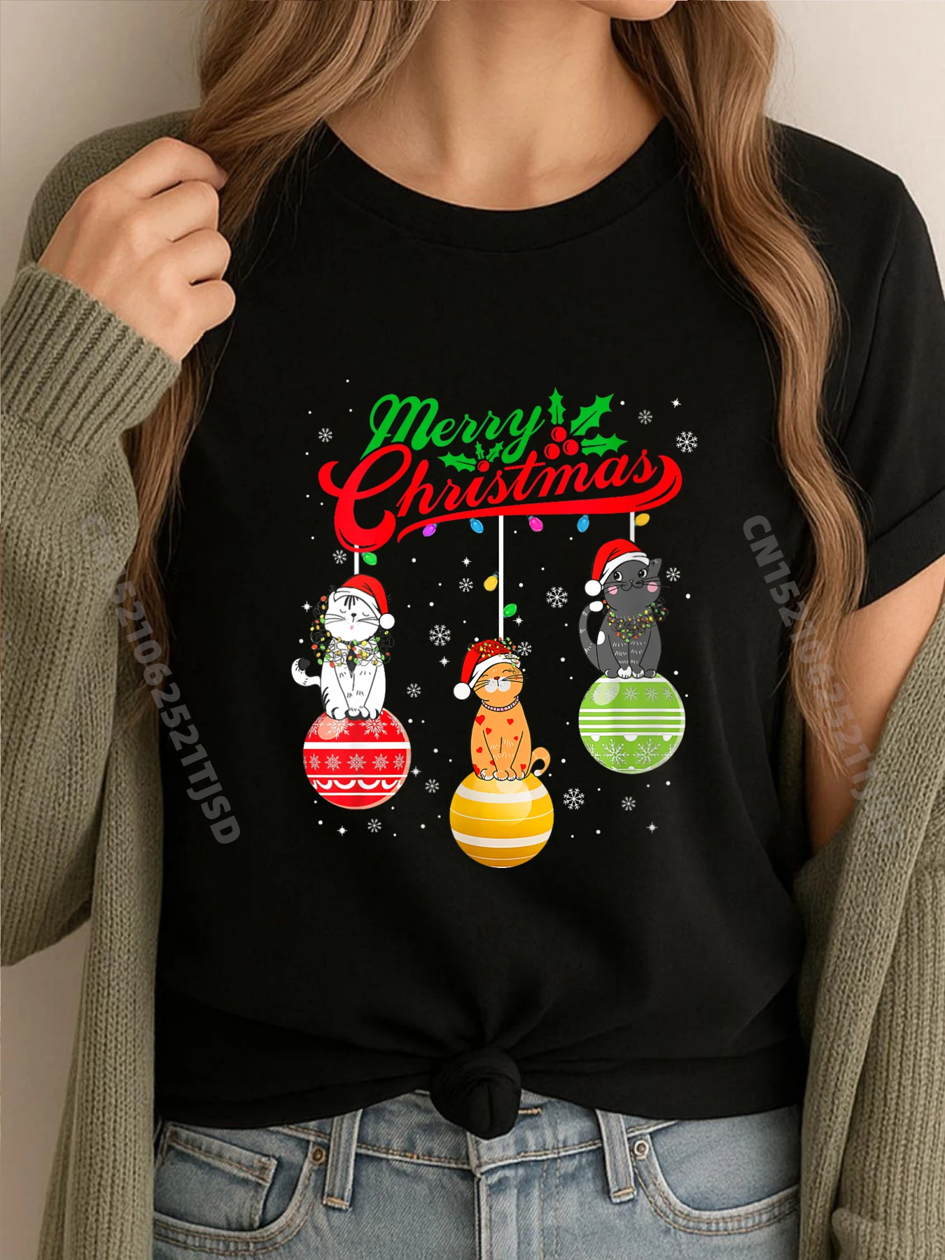 

Womens Santa Cats Xmas Lights Ornaments Pajama Christmas Cat Lover Mens Shirts Graphic Tee Men's Shirts Letter