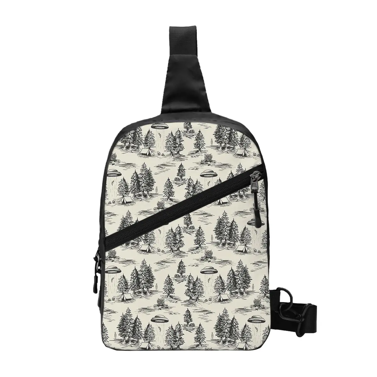 Black Alien Abduction Toile De Jouy Pattern Chest Bag Men Sling Crossbody Backpack Chest Bag Hiking Daypack Shoulder Bag