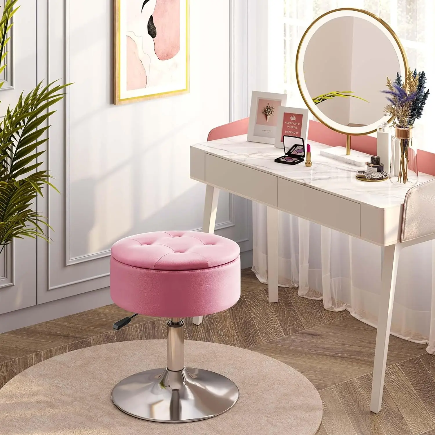 

Vanity Stool with Storage, 19" to 23" Height Adjustable PU Leather Vanity Chair, 360° Swivel Makeup Stool