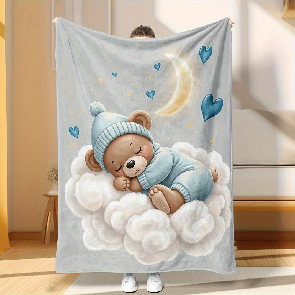 1pc Plush Flannel Blanket - Moon & Clouds with Blue Star & Heart Night Sky Design, All-Season Soft Bedspread, Sofa Bed Cover, Be