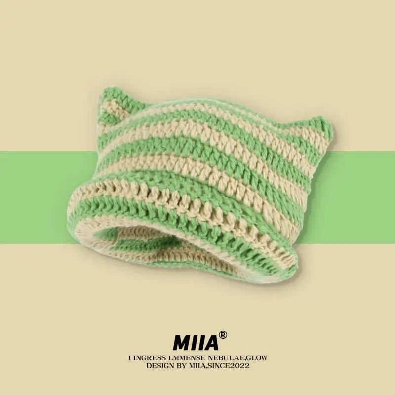 

New Japanese Streetwear Harajuku Beanie Little Devil Striped Knitted Hat Women Girls Autumn Winter Cute Cat Ears Cap