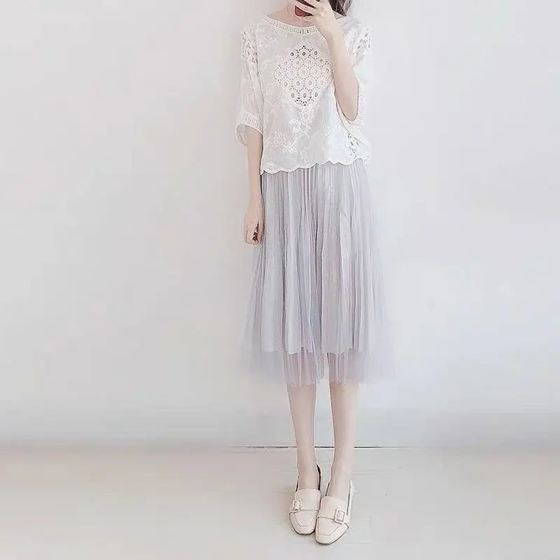Mori Girl Style Solid Color Loose Blouse 2023 Summer Fashion Hollow Out Casual Round Neck Women\'s Clothing Lace All-match Shirt